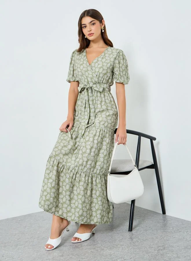 Styli Women Green Leaf Print Wrap Maxi Dress